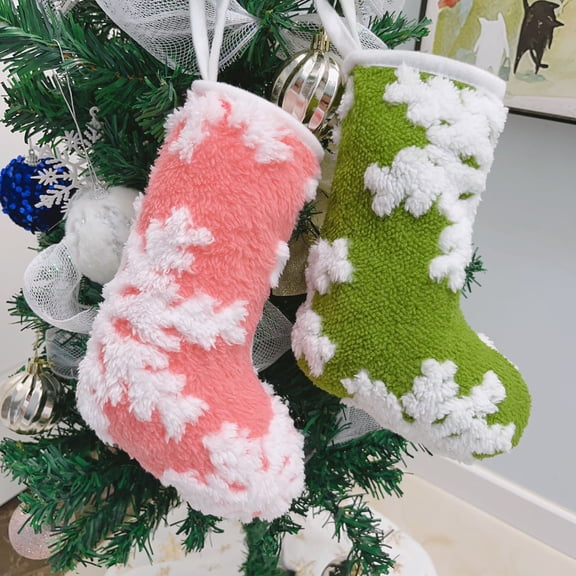 Traditional 10 inch Plush Snowflake Christmas Stockings, 2Pcs Mini Green Pink Snowflake Pattern Christmas Stockings Hanging Ornaments Candy Gift Bags for Xmas Fireplace Holiday Decorations