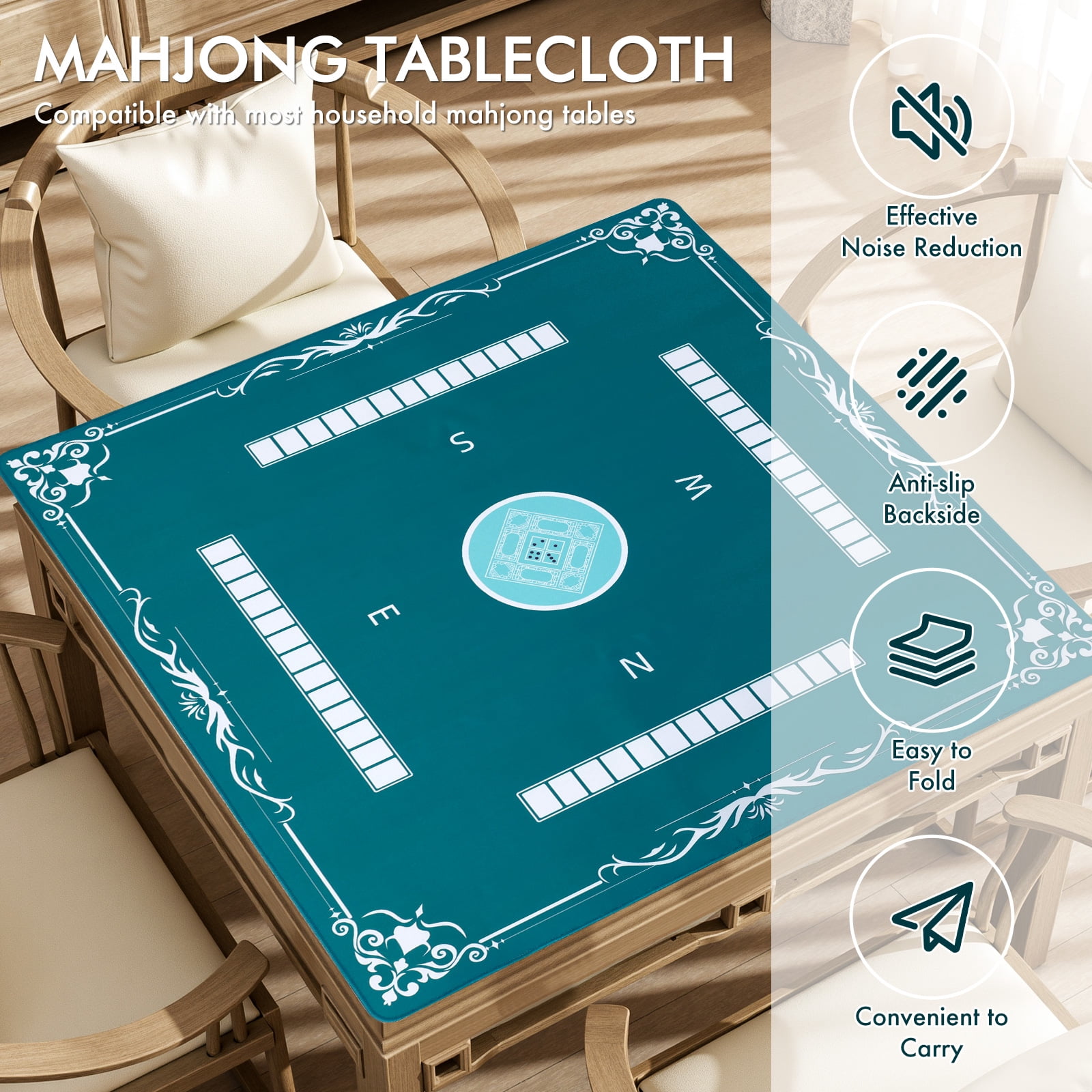 Threns Mahjong Mat with Rules, 31.5 Inch Square Mahjong Mats for Table, Quiet Noise Reduction Table Mat with Black Carrying Bag for Poker, Board Games, Tiles Game and Dominoes