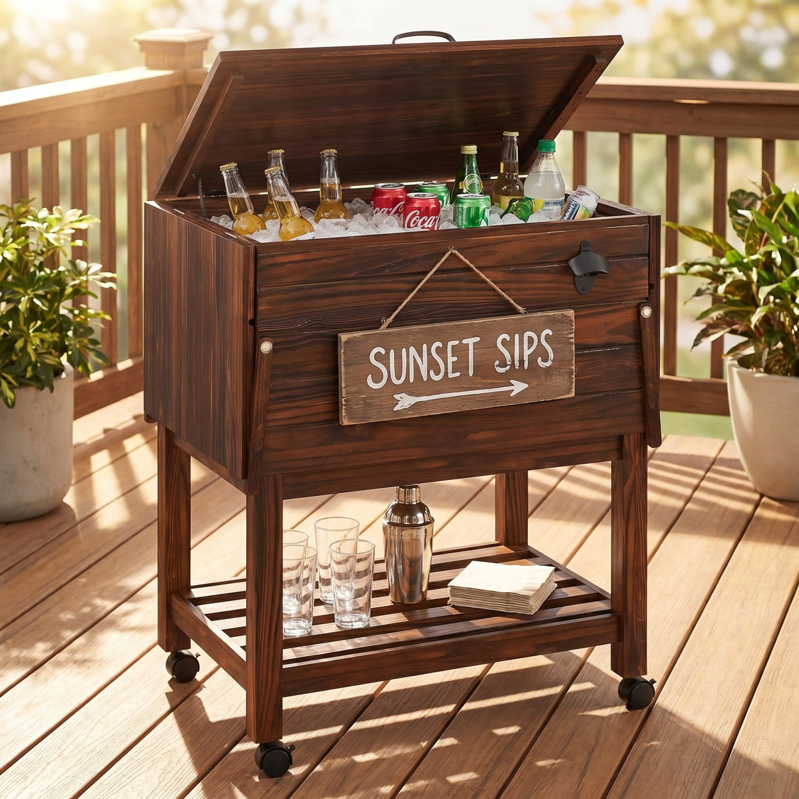 Biotree 54 Quart Wooden Cooler Cart for Patio with Shelves Rolling Ice Chest with Drain Plug Outdoor Cooler Cart, Brown