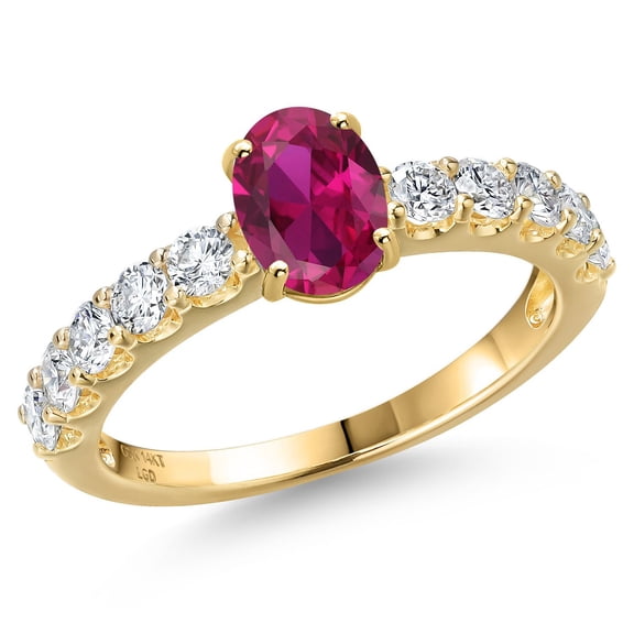 Gem Stone King 14K Yellow Gold Red Created Ruby and Lab Grown Diamond Engagement Ring for Women | 1.50 Cttw | Oval 7X5MM | Gemstone July Birthstone | Size 5