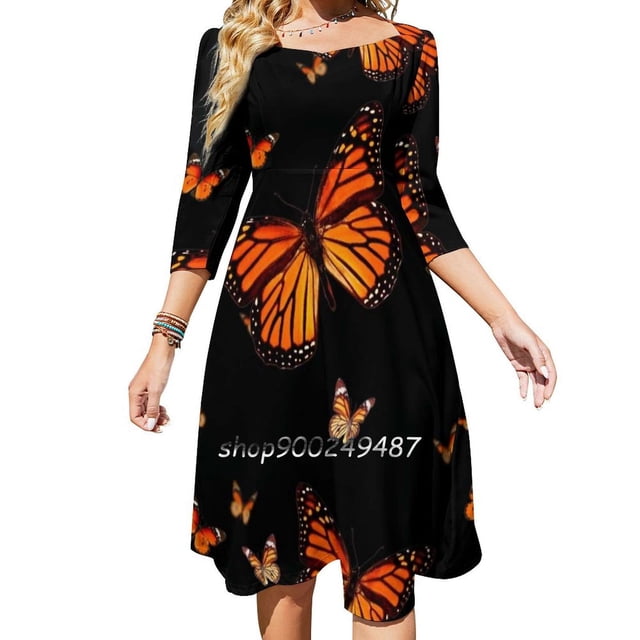 Monarchs Aflutter Sweetheart Knot Flared Dress Fashion Design Large Size Loose Dress Monarch Nature