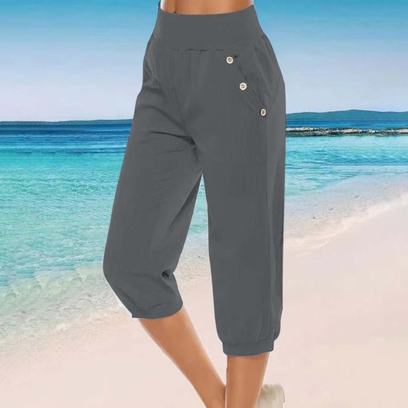 DondPO Pantalons en Lin pour Femmes, Pantalons de Détente Capri pour Femmes, Pantalons d'Été Décontractés à Cordon Élastique Taille Haute, Pantalon Droit Court, Pantalons de Survêtement pour Femmes, Pantalons pour Femmes, Pantalons Gris m