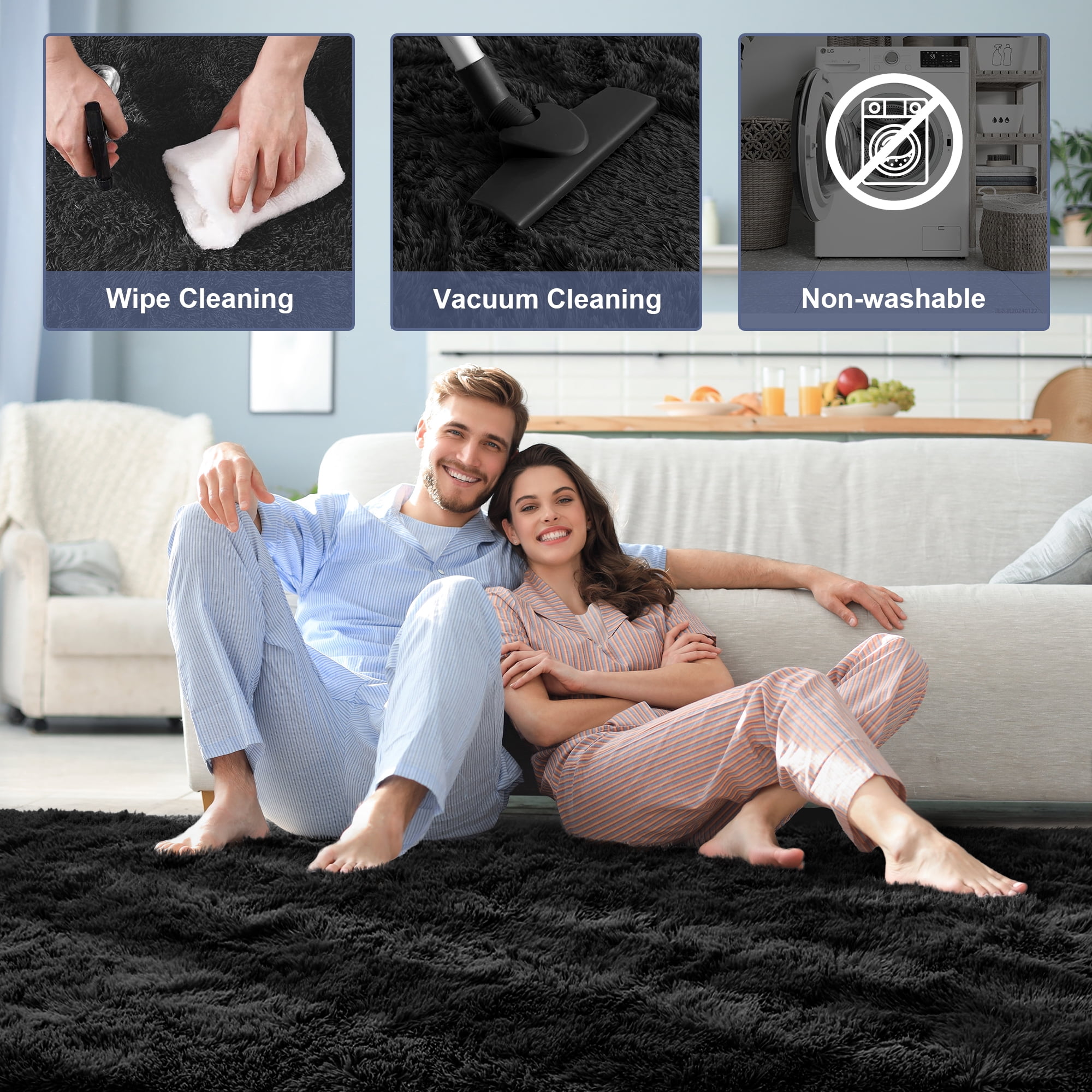 Nefoso Shag Area Rug, 8ft x 10ft Soft Fluffy Area Rugs for Living Room Bedroom Decor Carpet, Black