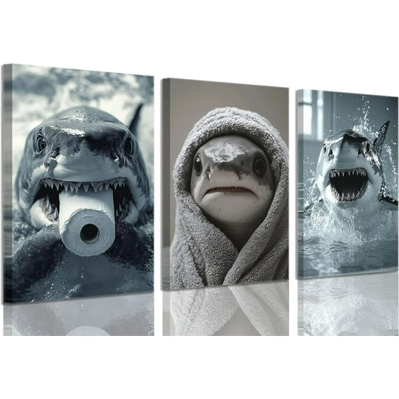 Cute Shark Bathroom Wall Art Funny Shark In the bathtub Prints Wall Decor Modern Bathroom Animal Painting Posters Fun Bathroom Country Animal Canvas Pictures for Bathroom (Framed canvas)