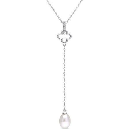 Miabella 8-8.5mm White Cultured Freshwater Pearl and 0.04 Carat T.G.W. White Topaz Sterling Silver Drop Necklace, 18
