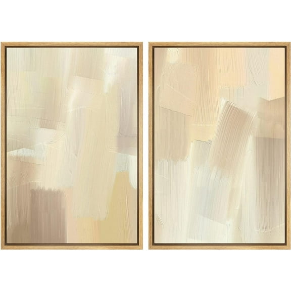 IDEA4WALL Framed Canvas Print Wall Art Set Tan Paint Stroke Collage Landscape Digital Art Decor Retro Pastel Abstract Artwork Contemporary for Living Room, Bedroom, Office - Natural 24"x36"x2