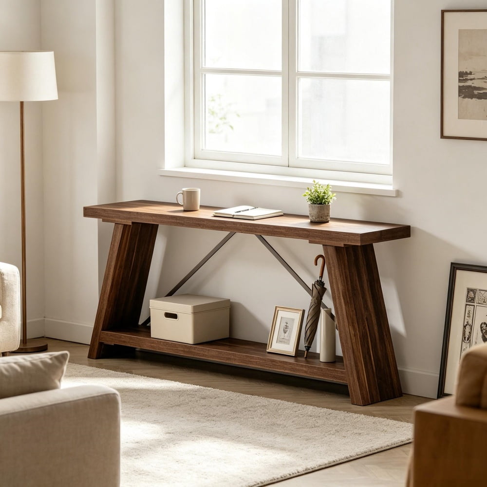 2-Tier Console Table, Rustic Sofa Table with Long Open Shelves, MDF Board & Metal Frame, 230 lbs Capacity with Adjustable Pads for Entryway Living Room
