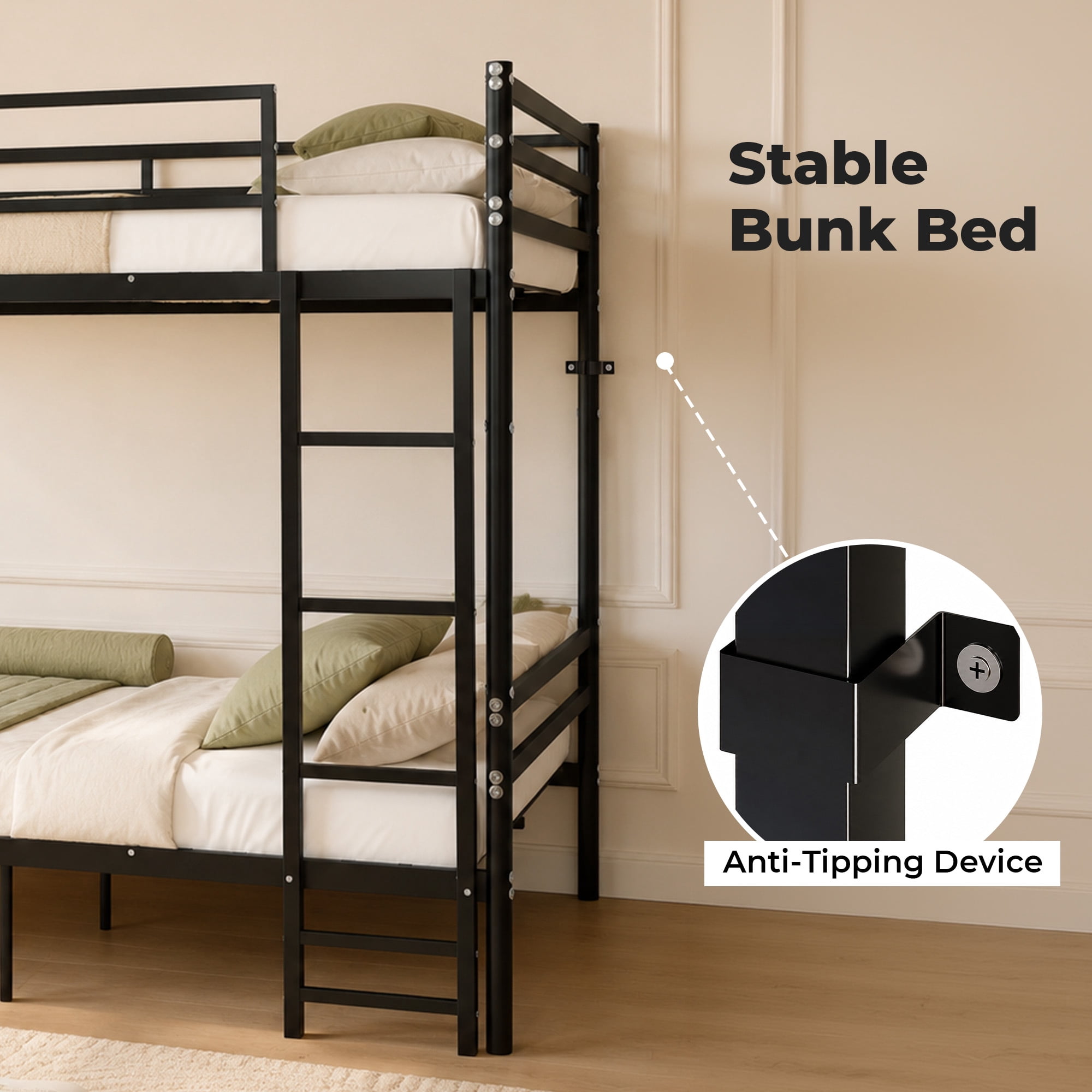 Alvantor Bunk Bed Twin over Twin, Metal Bunk Bed for Kids with Ladder and 14" Guardrail Black