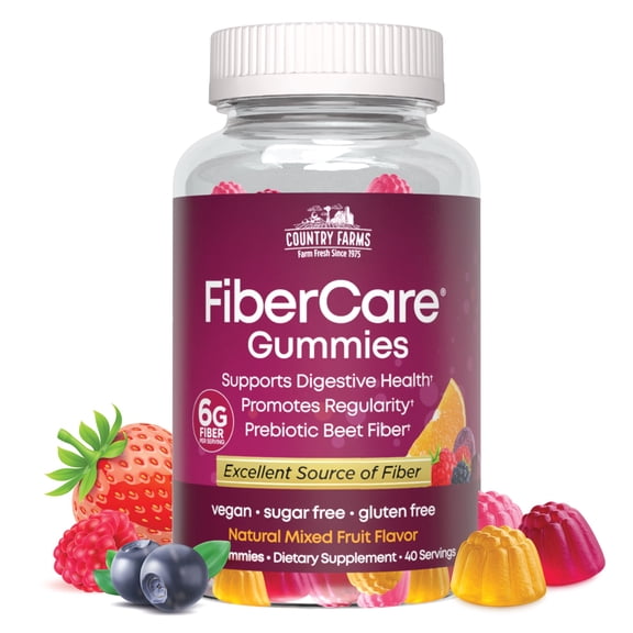 Country Farms Fiber Care Prebiotic Gummies, 6g of Fiber Per Serving, FOS from Beets, Digestive Health, Supports Regularity, Mixed Fruit Flavor, 120 Gummies, 40 Servings, Multi