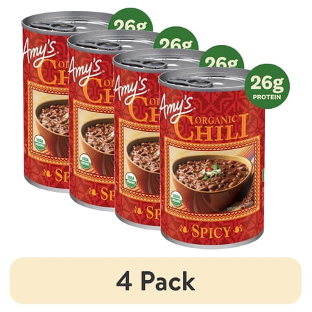 (4 pack) Amy’s Organic Spicy Chili, Plant-Based Vegan Chili, Gluten Free, Made With Organic Red Beans and Tofu, Canned Chili, 14.7 Oz
