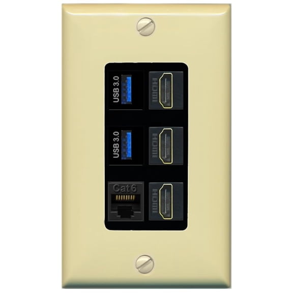 RiteAV 3 Port HDMI 2 Port USB 3.0 1 CAT6-RJ45 Wall Plate - 1 Gang Decorative [Ivory/Black]