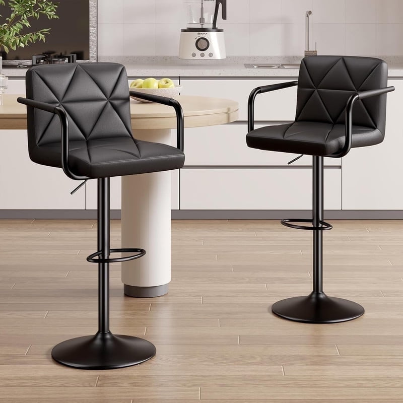 Hawsaiy Modern Bar Stools Set of 2, PU Leather Adjustable Swivel Bar Chairs with Armrests and Back, Hydraulic Counter Height Stools with Footrest for Kitchen Island, Dining Room, Bar, Black