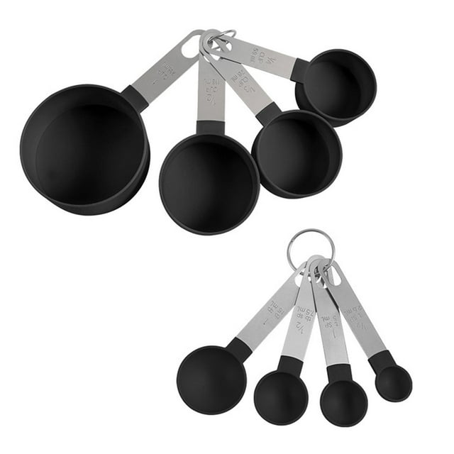 Juego de 8 cucharas medidoras portátiles con mango de acero inoxidable, fácil de guardar Negro