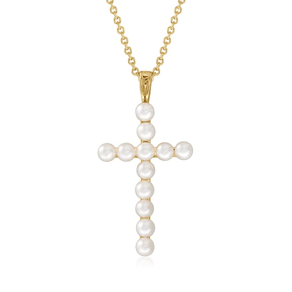 Ross-Simons 3.5-4mm Cultured Pearl Cross Pendant Necklace in 18kt Gold Over Sterling, Women's, Adult