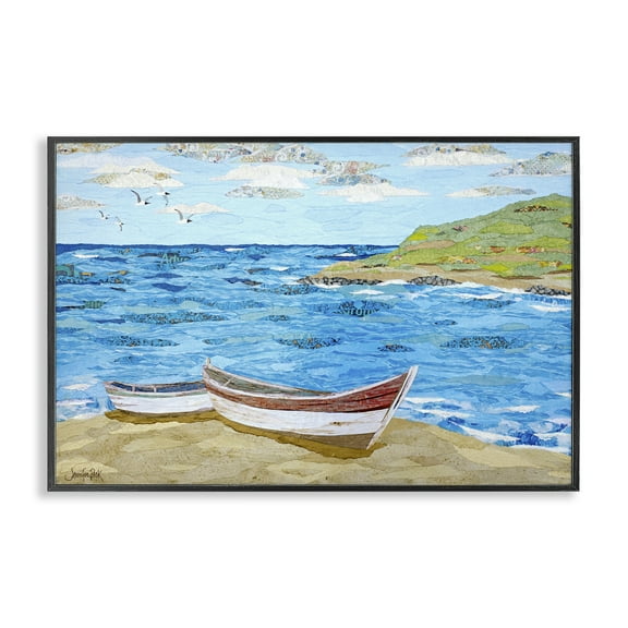Stupell Industries Mykonos Docked Boat Landscape Painting Black Framed Art Print Wall Art, 18 x 12