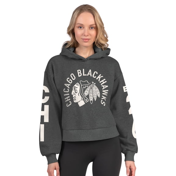 Women's Starter  Heather Charcoal Chicago Blackhawks Star Player Cropped Fleece Hoodie