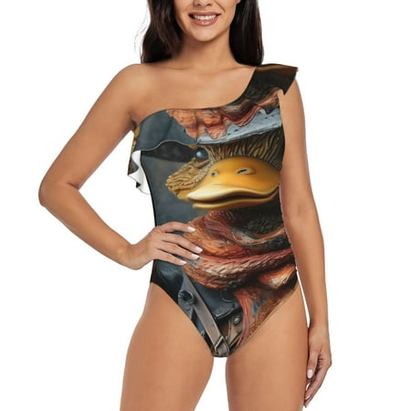Sikiie Western Cowboy Duck Print Women One Piece Swimsuits Tummy Control One Shoulder Bathing Suits Ruffle Swimwear  From S to XXL-X-Large
