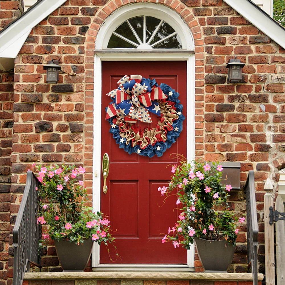 4th of July Independence Day Wreaths, Summer Patriotic Front Door Wreath with Bow Memorial Day Ribbon Wreath for Front Door Wall Home Decor