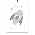 thumbnail image 3 of Pósteres de pared con estampado de lienzo con diseño de oso, conejo, erizo, abeja, flores y cohete espacial bohemio para decoración del hogar de la habitación de los niños y bebés, 3 of 5