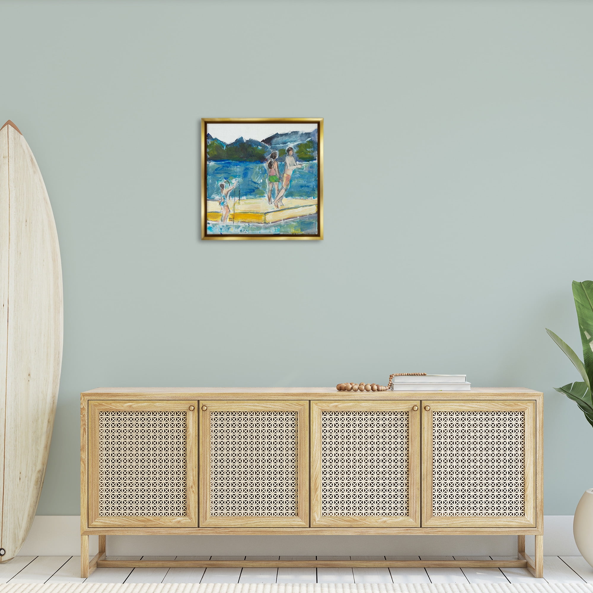 Stupell Industries Kids on Swimming Dock Abstract Sports Painting Gold Floater Framed Canvas Art Print Wall Art, 25 x 25