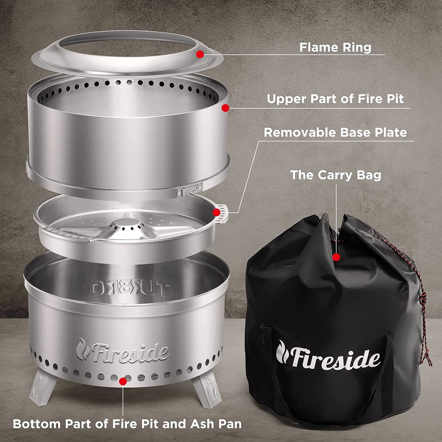TURBRO 19 Inch Smokeless Fire Pit for Outdoor Wood Burning, Portable 304 Stainless Steel Camping Stove with Stand, Removable Ash Pan, Waterproof Storage Bag, Unique Nested Design, Pluto R19-SS, Silver