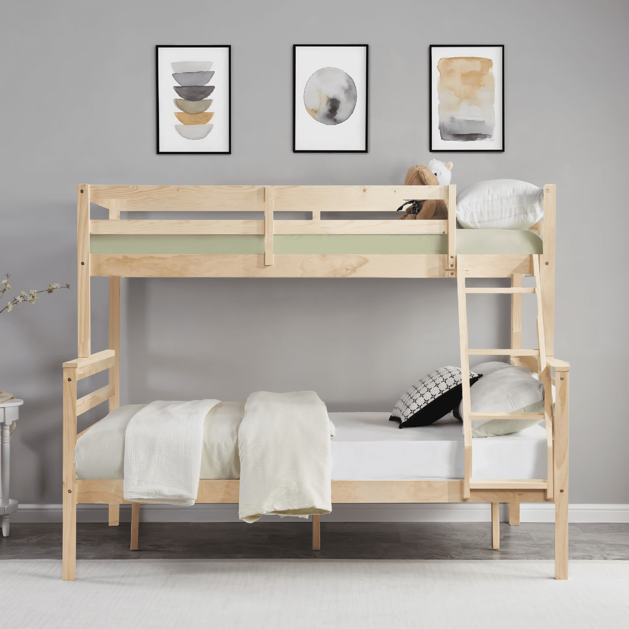 MAYEERTY Twin over Full Bunk Bed with Ladder, Wooden Bed Frame with High Guardrail and Ladder for Kids, No Box Spring Needed, Natural