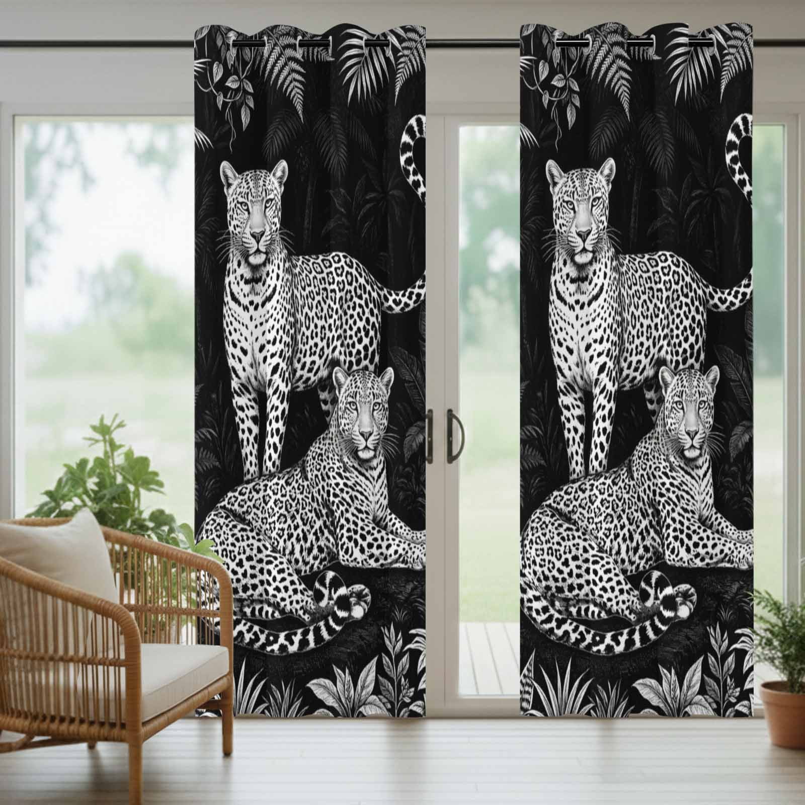 Black And White Leopard Outdoor Curtains for Patio, Tropical Plants Palm Leaf Jungle Animal Sunshade Privacy Drapes Grommet Waterproof Outside Curtains for Porch/Cabana/Balcony 54"x 108", 1 Panel