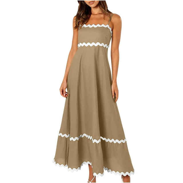 Robes Trapèze à Bretelles Spaghetti pour Femmes Robe Midi Décontractée d'Été Robe de Plage Sans Manches Dos Nu Robes Bohèmes Robes Évasées Fluides Robes Soleil