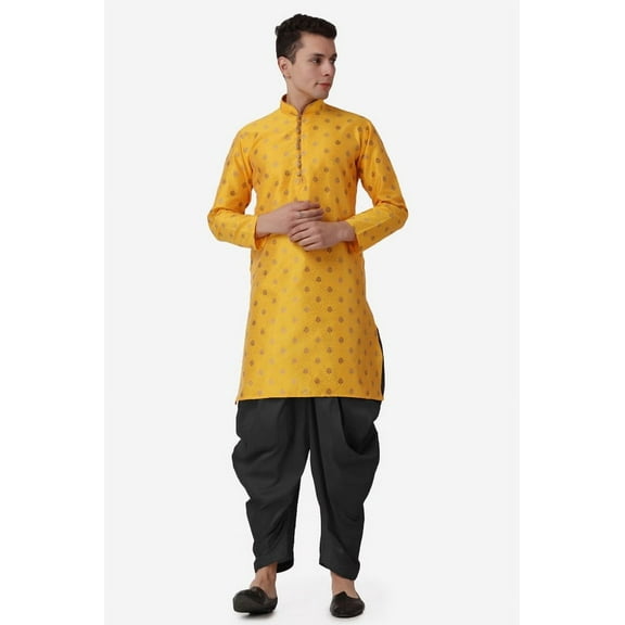 Royal Kurta Elegant Mustard Jacquard Silk Printed Long Kurta and Black Salwar for Men