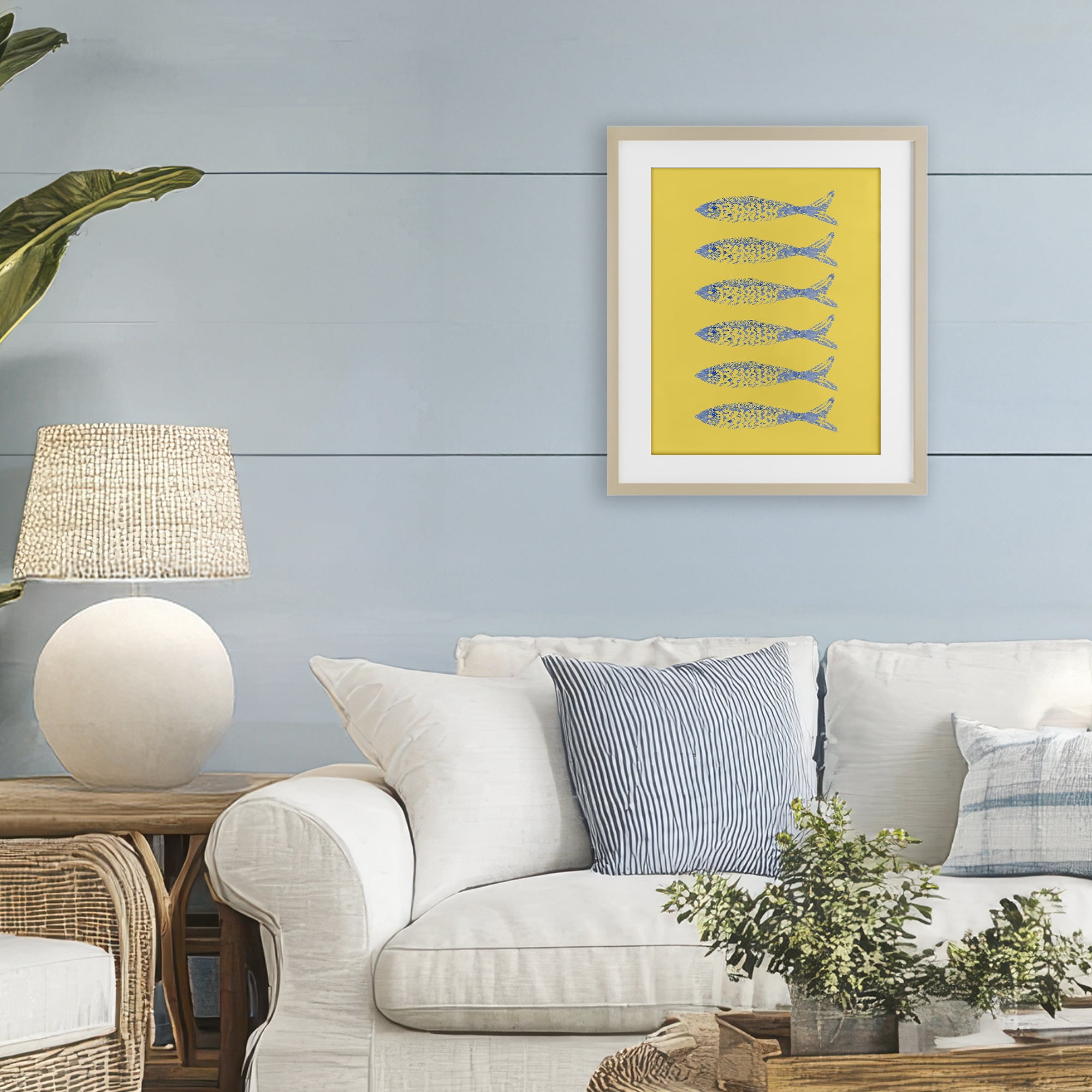 Stupell Industries Sardine Stamps on Yellow Birch Framed Print Under Glass, design by Julie DeRice
