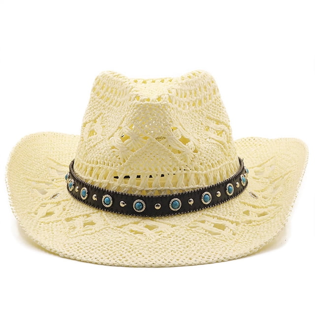 Guardurnaity Sombrero de paja de vaquero de verano para mujer, sombrero de playa de ala ancha para hombre, gorra de protección solar tejida a mano, Sombreros Beige M (56-58 cm)