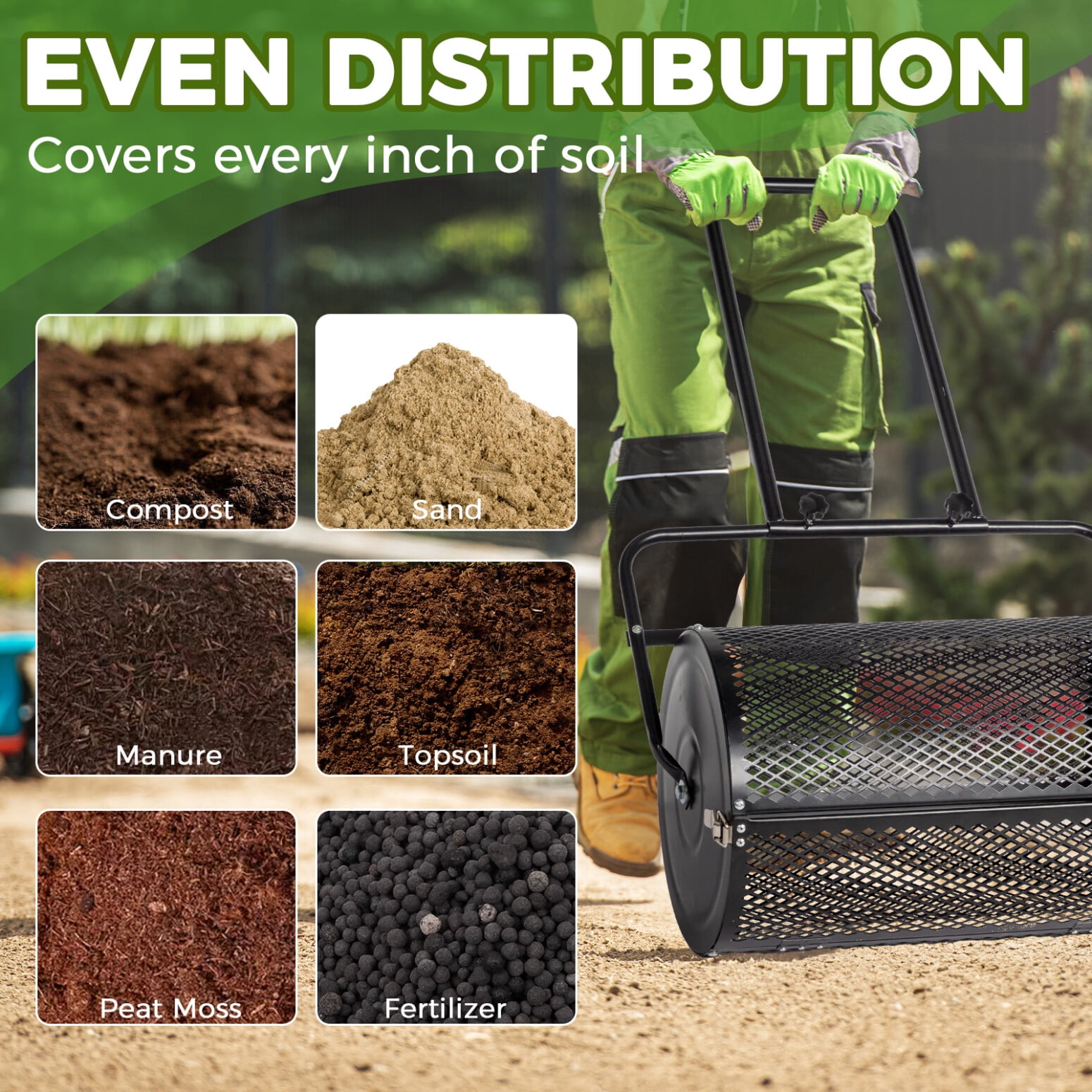 Compost Spreader, 24" Peat Moss Spreader with Upgraded Side Latches Support Rod, Top Soil Spreader, Powder Coated Metal Mesh Top Dressing Spreader for Lawn, 2 Way Uses-Push or Tow (Black)