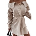 thumbnail image 3 of FASHIONWT Women Plus Size Solid Color Strap Button Long Sleeve Slip Dress Shirt Short Dress, 3 of 4