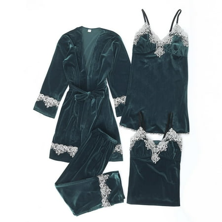 Mrat Womens Pajamas Pajama Sets 4PC Nightgown Gold Satin Robe for Women Nightgowns & Sleepshirts Lingerie Pajamas Sets for Ladies Velvet Pajamas Lace Nightdress Sleepwear Trousers Green_A XXL