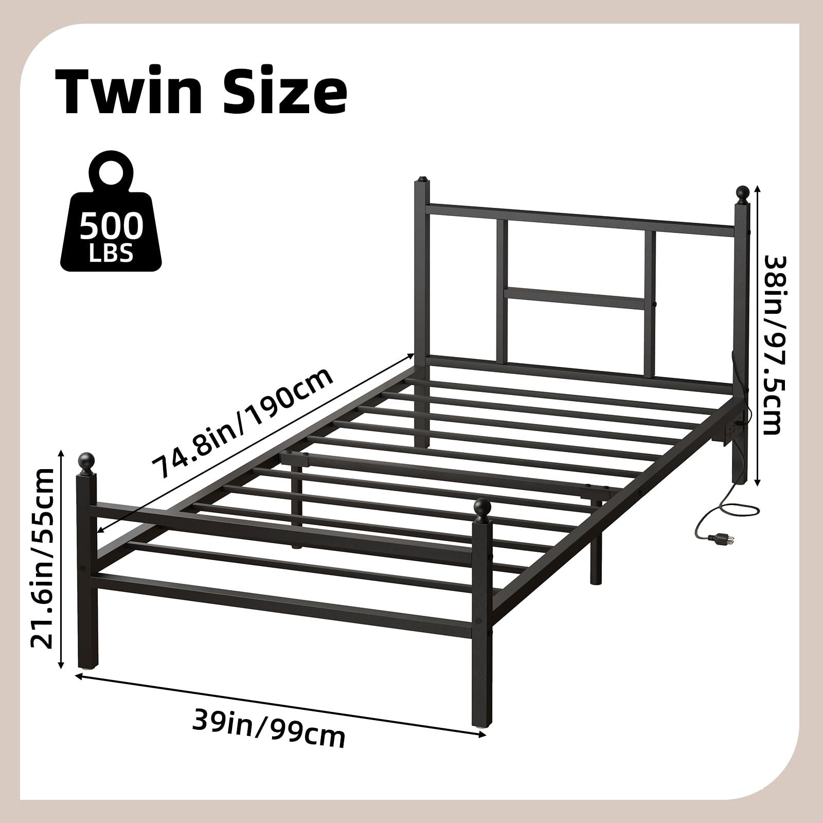 Twin Bed Frame with RGB LED Lights and Charging Station, Metal Platform Bed with Headboard and Footboard, 2 Outlets and 2 USB Ports, No Box Spring Needed, 500 lbs Capacity