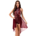 thumbnail image 4 of JanJean Women's Halter Sequins Lyrical Dance Costumes Dress Sleeveless Asymmetrical Tulle Skirt Burgundy S, 4 of 6