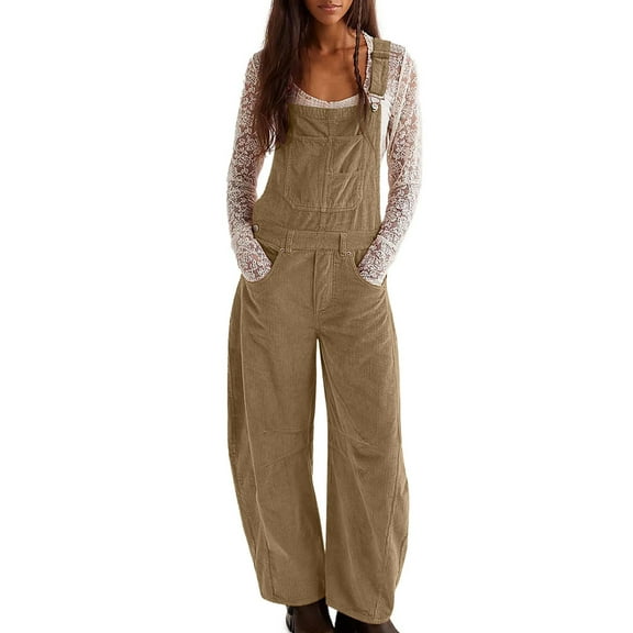 FAVIPT Womens Corduroy Casual Overalls Adjustable Strap Loose Fit Workwear Wide Leg Soft Jumpsuit with Pocket Khaki,XXL