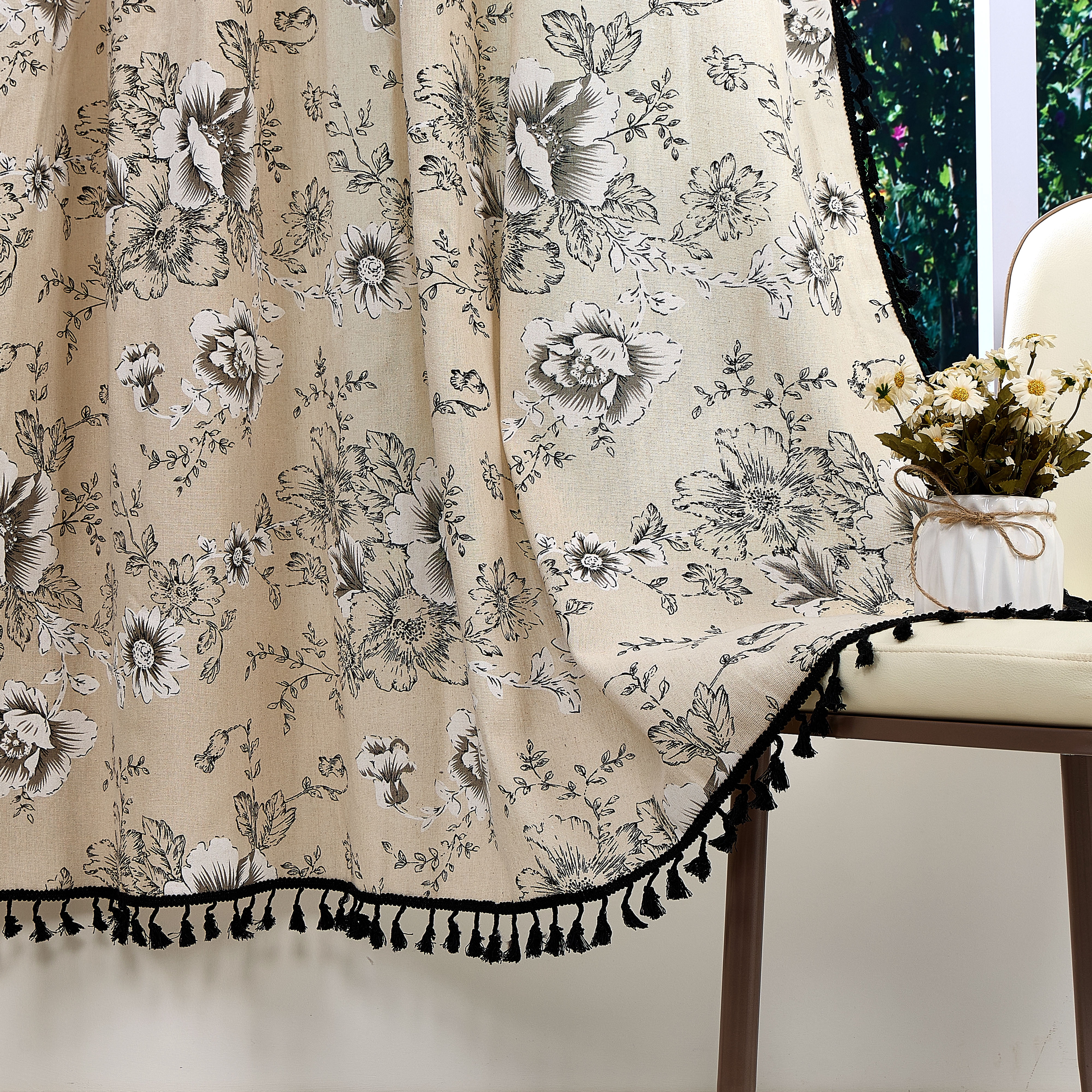 Lfeey Curtains for Living Room 63 Inch Length Black Floral Printed Curtain Rod Pocket, Linen Blend, 2 Panels