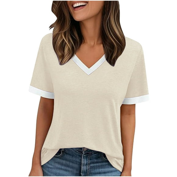 Summer Savings! JURANMO Womens Short Sleeve T-Shirts Summer Casual Soft Tunic Tops Cotton Basic V Neck Tees Fashion Outfits Beige XL