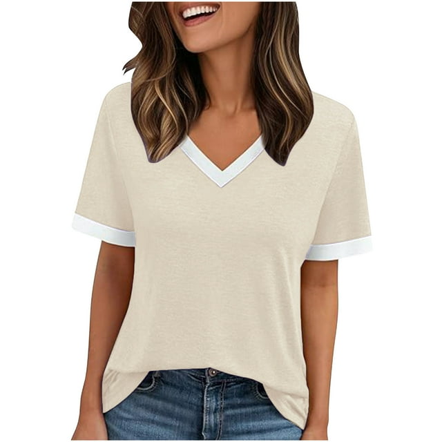 Hauts à Enfiler pour Femmes Printemps Automne Vêtements 2025 Manches Longues Tendance Col Rond Ample Festival Hauts Décontractés Unis Patchwork Col en V Manches Courtes Grande Taille pour Femmes Été