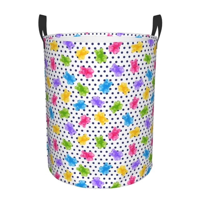 Balery Bear And Polka Dot Cesta de ropa redonda con asas, impermeable, independiente, para ropa, juguetes, dormitorio y familia-Medium