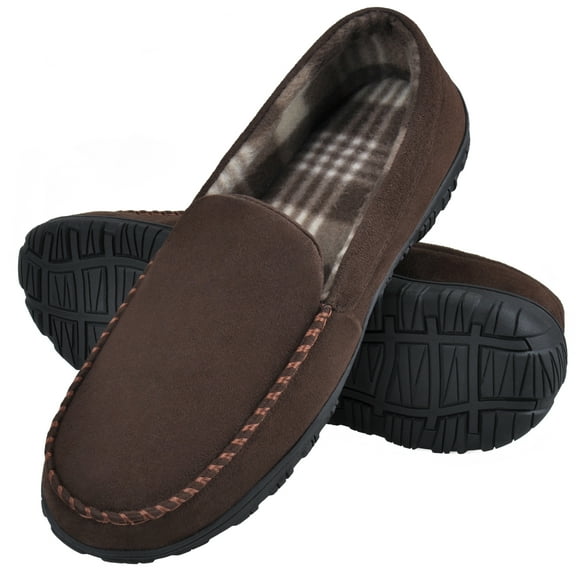 DSOLE Men's Moccasin Slippers Mens Memory Foam Slippers Slip On House Shoes Indoor Outdoor Anti-slip Sole Brown 8