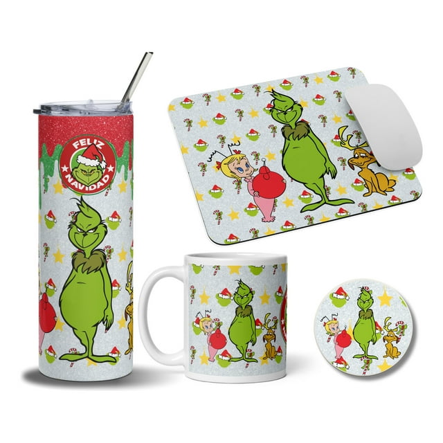 Termo 20oz taza posavaso Mouse Pad SVArt diseño El Grinch Feliz navidad 20 fl oz