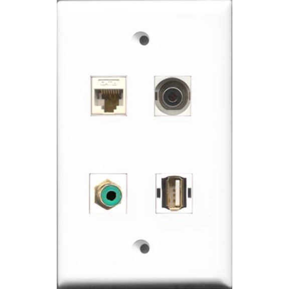 RiteAV 1 Port RCA Green and 1 Port USB A-A and 1 Port 3.5mm and 1 Port Cat6 Ethernet White Wall Plate