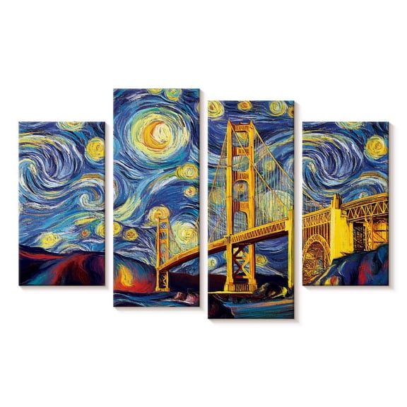 Elephant Stock Golden Gate Bridge Starry Night Wall Art - Horizontal Multi Panel Canvas - Living Room Wall Decor - Places Multi Panel - Blue And Yellow Decor - 24" x 14"