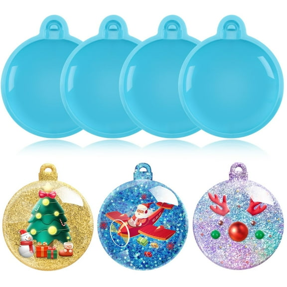 4 Pack Christmas Silicone Resin Molds Trianu Silicone Round Ornaments Pendant Epoxy Resin Casting Molds for DIY Crafts Keychains Jewelry Making Christmas Tree Home Wall Decorations, Blue