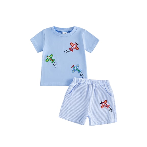BemeyourBBs Toddler Baby Boys Summer Clothes Cute Infant Baby Boy Airplane Outfit Short Sleeve Airplane Embroidered T Shirt Tops and Striped Pockets Shorts Set Toddler Boys Summer Outfit