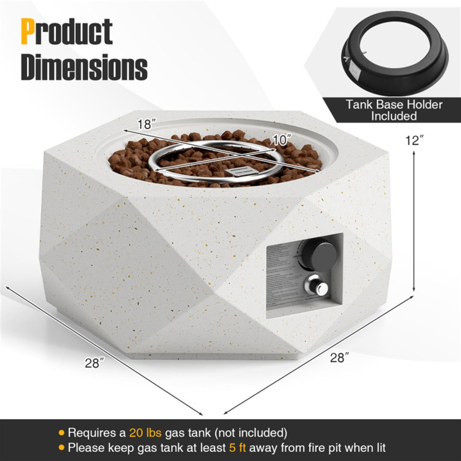 Demi Bonn 40000 BTU 28" Hexagon Terrazzo Propane Fire Pit Table with Stainless Steel Burner, White