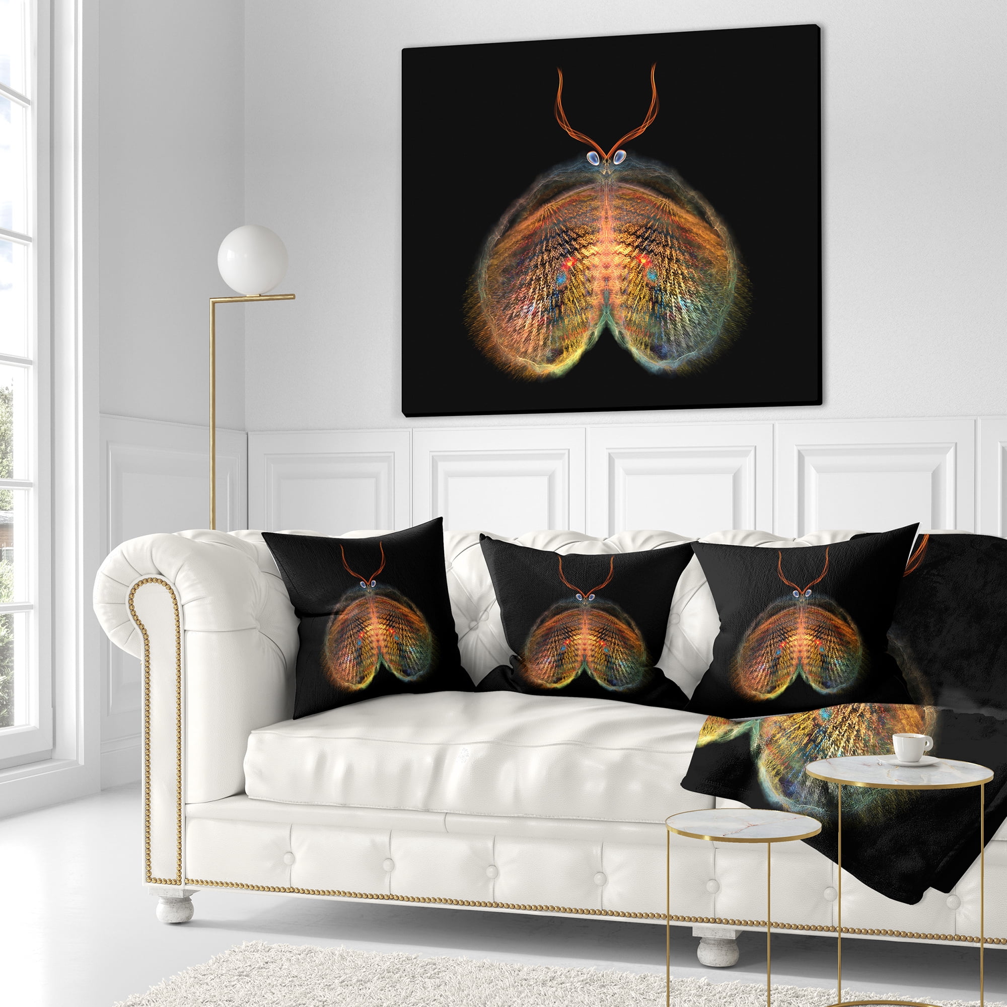 Designart Yellow Red Fractal Butterfly in Dark - Abstract Throw Pillow - 16x16