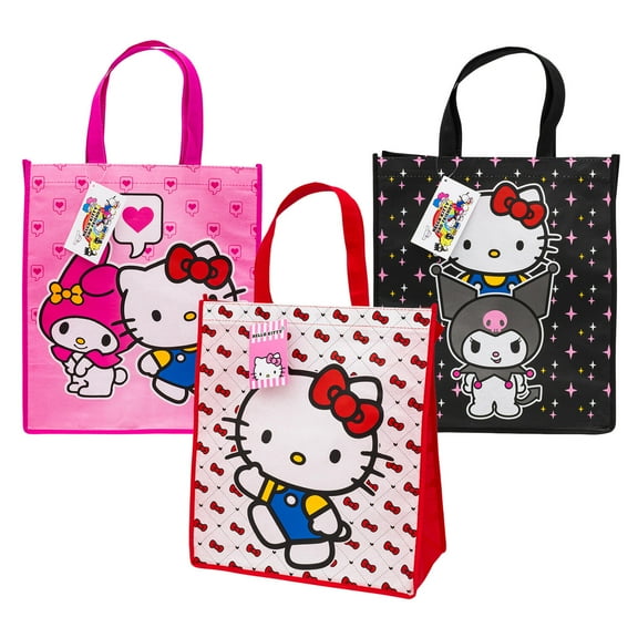 Large Hello Kitty and Friends Reusable Tote Bags, 16 in, Kuromi and My Melody, 3 Assorted Colors, 86329